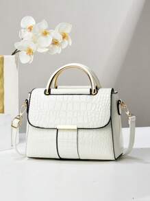 女士优雅鳄鱼压纹单肩包 - 轻巧大容量多功能斜挎包/手提包，磁扣设计，金色金属配件和可调节肩带，适合女孩、女士、大学生、新人和白领，适合休闲和正式场合（白色、卡其色、粉色、蓝色、黑色），鳄鱼皮钱包 - 白色 - 查看 6