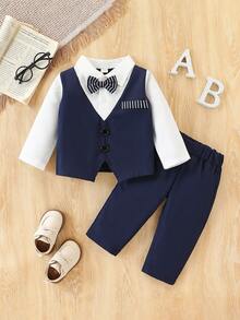 1 conjunto de terno formal para bebê menino, smoking para presente de festa de aniversário e casamento, conjunto 2 em 1 de blusa de manga comprida + calça, roupa de batizado para cavalheiro, presente de Natal, roupas para criança de 1 ano, terno para festa escolar - Azul marinho - Ver 1