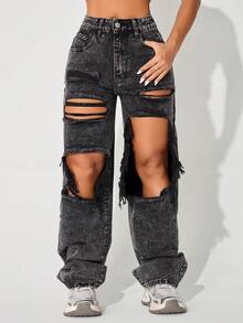 High Waist Straight Leg Ripped Pocket Jeans - Black - View 5