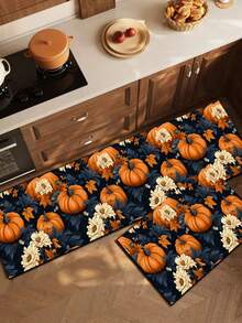 1pc Silica Gel Kitchen Floor Mat, Pumpkin & Floral Pattern, Deep Blue Background With Orange Pumpkins, Yellow Flowers And Green Leaves, Vibrant Autumn-Themed Decor, Suitable For Halloween And Fall Season