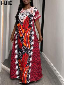 Váy Maxi Cổ Tròn Cho Nữ Với Họa Tiết Hoa Và Lông Vũ Phong Cách Châu Phi, Đường Viền Cổ Áo Có Họa Tiết Ren Tinh Tế, Và Màu Sắc Bắt Mắt, Trang Phục Tốt Nghiệp - Đỏ - Xem 4