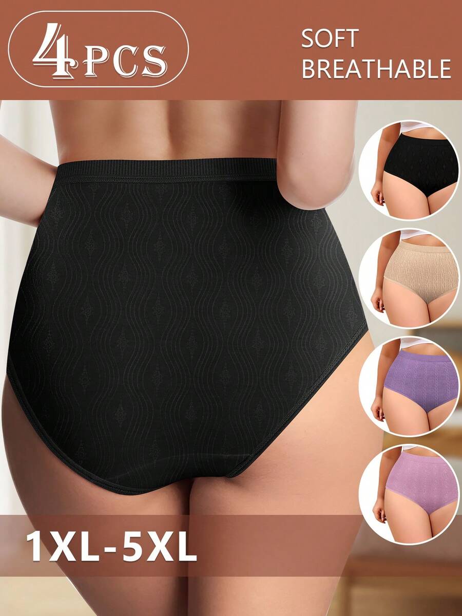 MEIYATING 4pcs Plus Size Women Cotton High Waist Seamless Panties, Jacquard Pattern, Comfortable Fit, Tummy Control