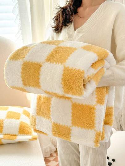 1 Adet Sarı Ekose Desenli Yumuşak ve Rahat Battaniye, Ev Dekorasyonu, Yatak, Kanepe, Ofis, Oda, Yurt İçin Uygundur, Makinede Yıkanabilir
