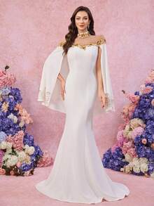 UNITHORSE UNITHORSE Women's Stand Collar Floating Piece Sleeve Appliques Slim-Fitting Knit Burlap Evening Dress