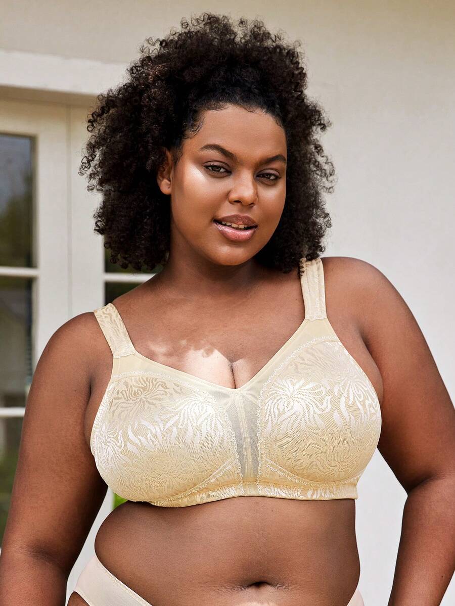 Plus Size Women Full Coverage Unpadded Comfortable Shaping Wireless Bra - Champagne - View 1