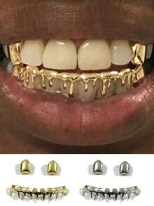1 Set Unisex Smooth Asymmetrical Gold & Silver Grillz, Suitable For Nightclub, Halloween, Christmas, Birthday Party Wear