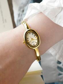 gedi 1pc Ladies Elegant Style Quartz Watch Luxury Oval Dial Push Button Design Wear Suitable For Dress Party Daily Wear Gift For Women Valentine's Day Gift - Gold - View 12