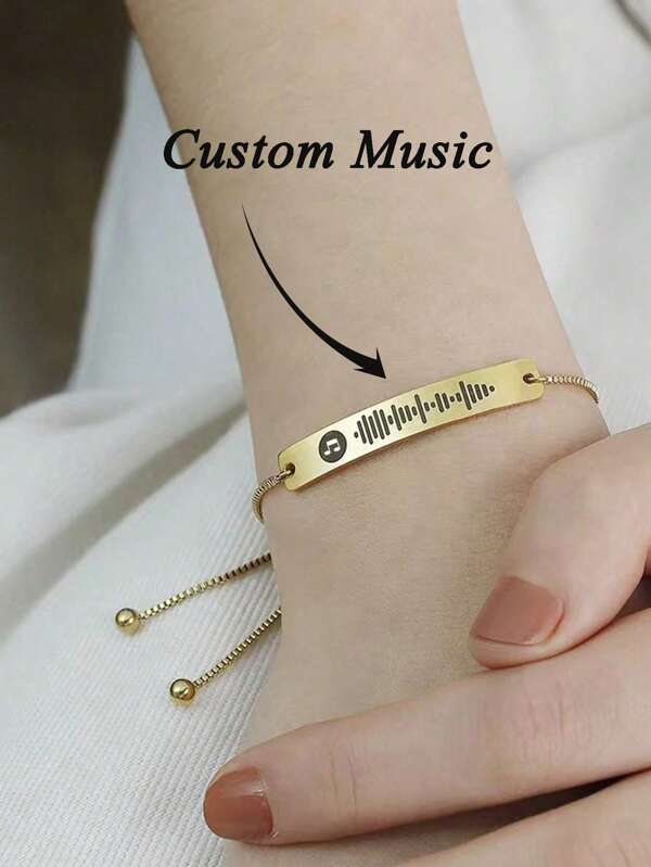 1pc Custom Music Bracelet Engraved Music Code Bracelet For Men And Women Stainless Steel Curved Rectangular Bracelet Adjustable Box Chain Can Be Engraved Hand Decoration Personalized Jewelry Birthday Gifts Anniversary Gift,Halloween Gifts