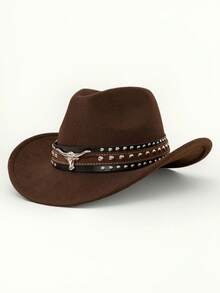 1pc Western Cowboy Hat, Unisex, With Detachable Silver Bull Head Decor Band, Suitable For Casual Everyday Wear, Holidays, And Western-Themed Parties - Multicolor - View 14