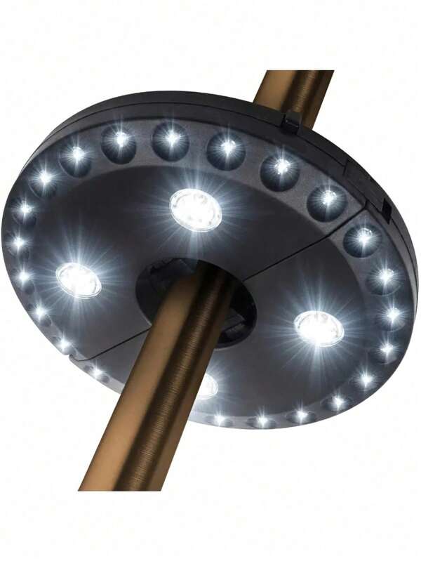 Luces de paraguas para patio exterior de 28 bombillas, 3 modos de iluminación, ahorro de energía e instalación fácil, abrazadera ajustable y aro colgante, adecuadas para jardines, patios, carpas de camping