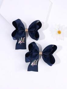 2 buah Jepit Rambut Pita Huruf Bordir untuk Kembali ke Sekolah, Aksesori Rambut Pita Inisial A-Z Warna Biru Tua untuk Anak Perempuan, Hadiah Terbaik untuk Guru dan Murid - Navy Blue - View 8