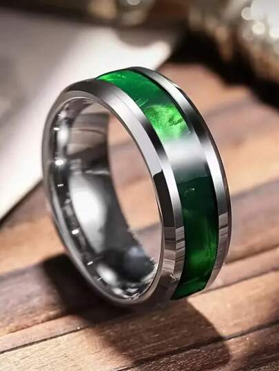 8mm Elegant Stainless Steel Ring With Green Inlay - Fashionable Silver Edge Design, Perfect For Weddings And Daily Wear, Ideal For Valentine's Day, Christmas, Father's Day Gifts, Wedding Band