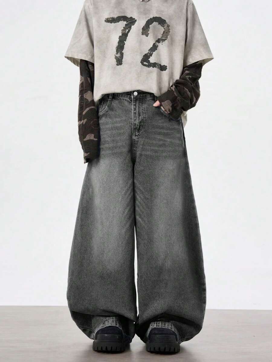 1 pieza Pantalones vaqueros de hombre de pierna ancha, estilo retro, lavados, de corte holgado y casual