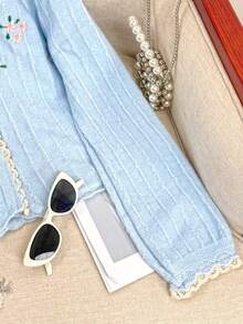 Wixra Wixra Sweet Collegiate Style Cardigan With Lace Patchwork V-Neck Design, Embroidered Single-Breasted Knit Top For Ladies