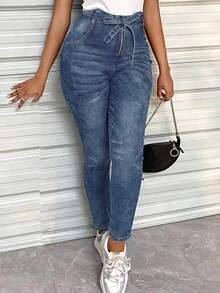 秋季高腰复古腰带紧身牛仔裤，适合日常休闲穿着 - 藍色 - 查看 2