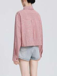 Red Plaid Shacket For Women, Loose Fit, Turndown Collar, Long Sleeve, Spring/Autumn New Arrival