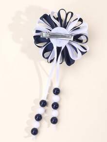 2pcs Navy Blue Fluffy Pom Pom Tassel Hair Clips, Suitable For Girls, Navy Blue & White Satin Ribbon Fluffy Pom Pom Alligator Clips With Beaded Tassel, Adorable Pom Pom Flower Tassel Hair Clips, Back To School Gift, First Day Of School Hair Clips, Teens Hair Accessories - Blue and White - View 5