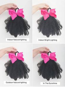 1pc Soft & Cute 8-Inch Fluffy Wig With Colorful Bow, Suitable For Children, Elastic Hair Scrunchie Twist Ponytail, Mini Size, Elastic Fluffy Wig, Fit For Baby Girls - Natural Black - View 12