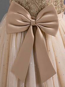 Princess Girls Embroidered Tulle Bow Decor Birthday Party Dress Formal Wear Flower Girl Wedding Pageant Long Gown - Rượu sâm banh - Xem 5