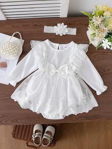 Spring & Autumn New Baby Girls' Outfit, Lace Bodysuit With Round Neck Long Sleeves, Bow & Ruffle Trim, Matching Lace Headband, Sweet & Elegant Style Suitable For Special Occasions Or Everyday Wear