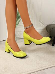 秋冬法式复古玛丽珍女鞋，纯色新款春季高跟鞋，小号皮鞋，优雅方头粗跟鞋，优雅 - 螢光黃 - 查看 4