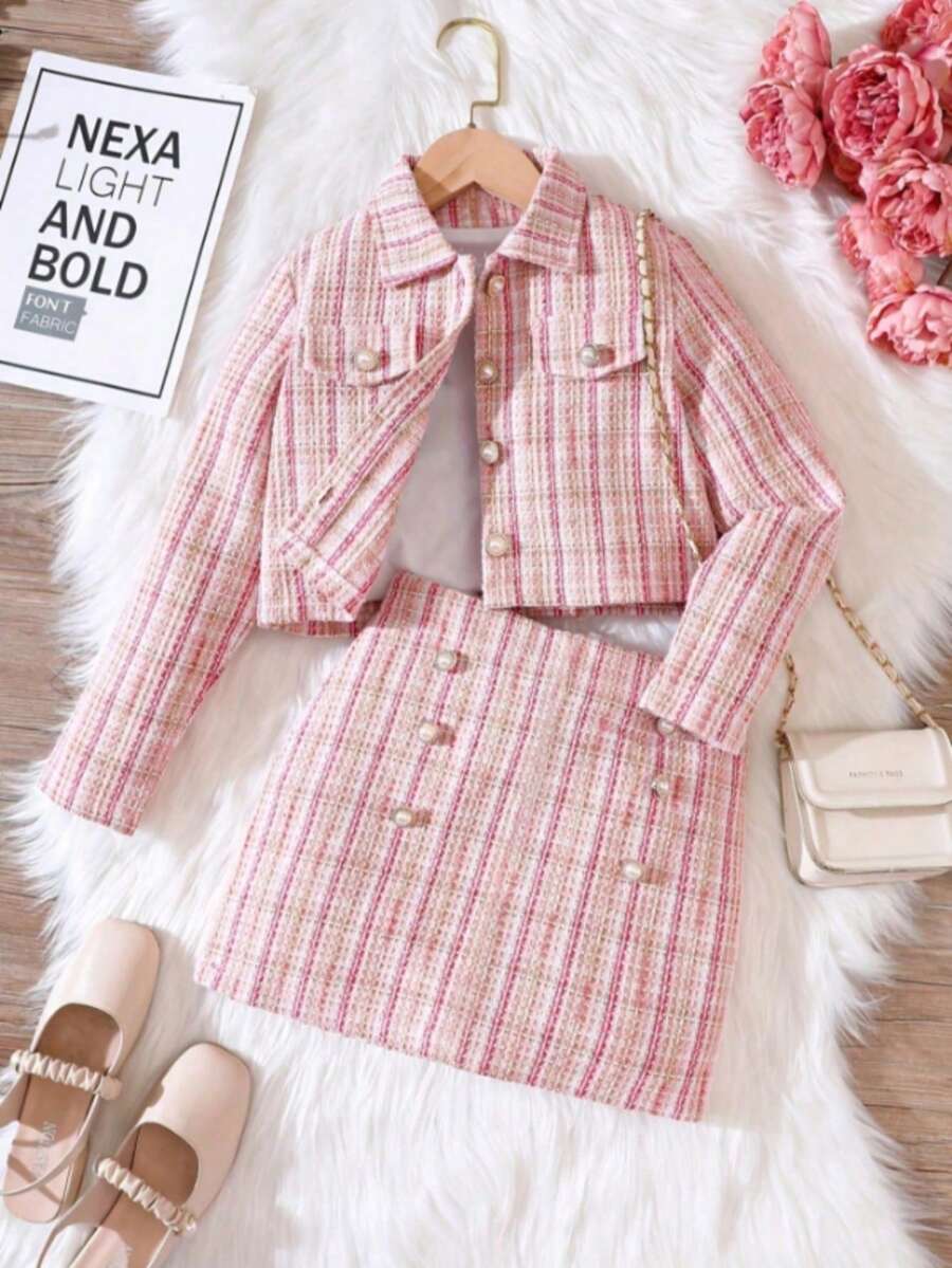 Girls' Elegant Plaid Set, Long Sleeve Button-Up Top, Flared Hem Bodycon Dress, Fashionable For Children In Spring And Autumn - Pink - View 1