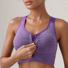 Zip Front Sports Bra For Women - Medium Support Racerback Workout Bra With Removable Pads & Double Hookshalloween - 灰色+紫色+白色+淺藍色 - 查看 11