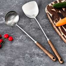 WORTHBUY 304 Turner de acero inoxidable con de madera resistente al calor largo cucharón de sopa espátula utensilios de cocina H5XW - Cucharón marrón oscuro - Ver 1