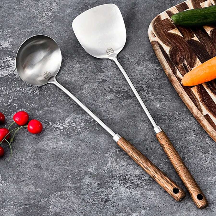WORTHBUY 304 Turner de acero inoxidable con de madera resistente al calor largo cucharón de sopa espátula utensilios de cocina H5XW - Cucharón marrón oscuro - Ver 1