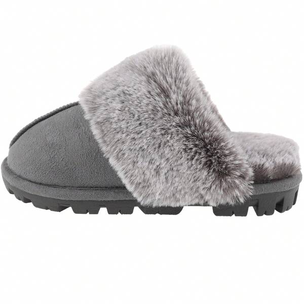 Cozy Women's Winter House Slippers - Plush Faux Fur-Lined Indoor/Outdoor Slippers With Rubber Sole, Soft Cushioning For Comfort, Black & Gray, Indoor Footwear | Casual Slipon | Faux Furlined Slippers, Ladies Slippers