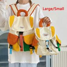 休闲拼色双口袋抽绳翻盖背包，女士便携式学校/校园包，适合学习、购物、返校季