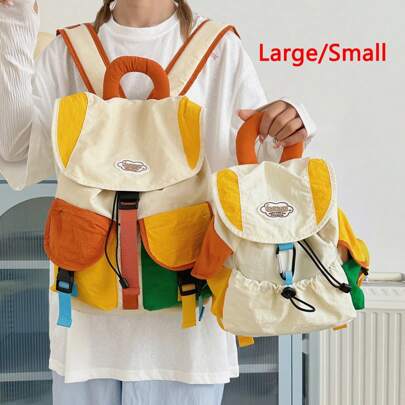 休闲拼色双口袋抽绳翻盖背包，女士便携式学校/校园包，适合学习、购物、返校季
