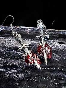 1 对复古剑穿心吊坠耳环，哥特式夸张骷髅耳环，适合万圣节派对 - 紅色 - 查看 2