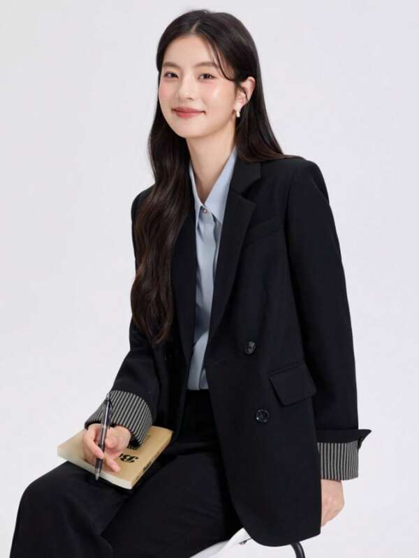 Women's Solid Color Minimalist Long Sleeve Pocket Double Button Office Jacket