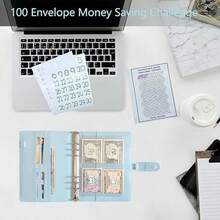 KKC 100 Envelopes Money Saving Challenge Binder, A5 Budget Binder With Cash Envelopes, Savings Challenges Book To Save $5,050, 10,000, 500, Budget Planner For Budgeting Planner Saving Money. - 藍色 - 查看 5