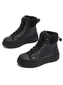 秋冬黑色保暖内衬纯色系带厚底枪灰色鞋眼金属装饰高帮保暖女鞋，百搭休闲时尚冬季户外踝靴，欧美摩托车风格