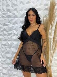 Women's Nightwear Nightgown With Tulle And Lace Thong - 黑色 - 查看 3