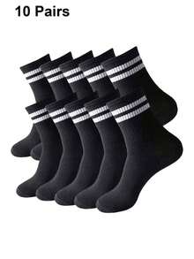 10 双男士多色条纹纯色透气休闲中筒袜，秋季 - 彩色 - 查看 10