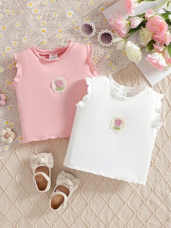 2 件套女婴春夏可爱婴儿针织上衣和花卉刺绣裙套装，纯色针织衬衫和可爱的花朵刺绣裙，舒适的日常服装，送给婴儿的温暖礼物