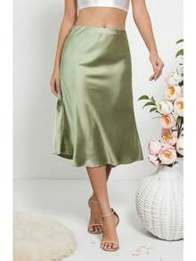 High Waist Satin Midi Skirt With Elastic Waistband – Flared A-Line Stretchy Silk Skirt For Wedding, Party, Date, Office Wear | Plus Size Women's Comfort Fit 1212 - Light Green - 查看 3