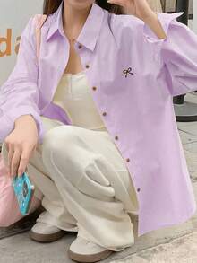 刺绣纽扣前襟春季新款韩版百搭蝴蝶结刺绣宽松休闲翻领长袖衬衫 - 淡紫色 - 查看 4