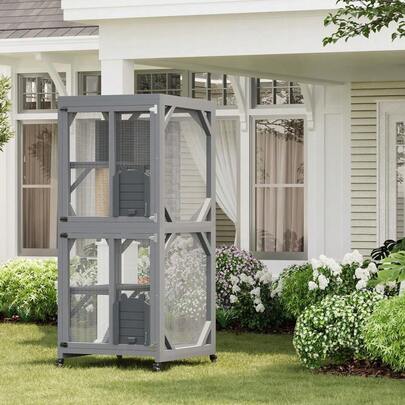 Huisuilinss Outdoor Cat Enclosure On Wheels,Cat House Outdoor Catio With Weatherproof Roof,4 Platforms,Resting Box And Scratch Post,Portable Cat Playpen