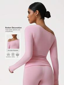 Sodalemon Women Slanted Shoulder Training Yoga Top Clothing 1 PC Long Sleeve Button Fitness Elastic Solid Color Workout Fitness T-Shirt - Pink - View 1
