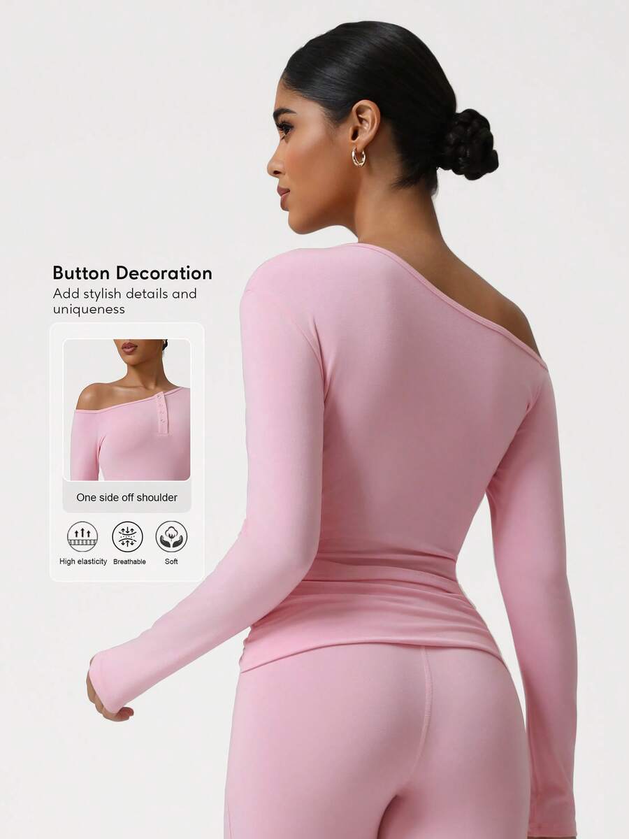 Sodalemon Women Slanted Shoulder Training Yoga Top Clothing 1 PC Long Sleeve Button Fitness Elastic Solid Color Workout Fitness T-Shirt - Pink - View 1