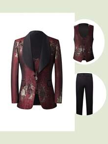 Men's  Gradient Graffiti 3-Piece Suit Set - Blazer, Vest & Stretch Waist Black Pants Edgy & Stylish - Red and Black - View 4