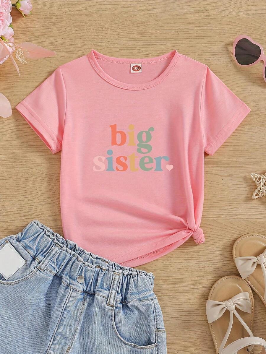 Cute Color Letters Big Sister Print Fashion Crew Neck Short Sleeve T-Shirt, Girls Kids Casual Pullover Tops, Children's Clothing For Summer