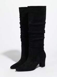 Women's Fashionable Hot-Selling Pointed Toe Pleated High Heel Suede & Leather Knee-High Slip-On-On Black Boots, Autumn/Winter - Black - View 6