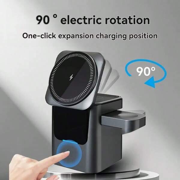 Cargador inalámbrico giratorio eléctrico de tres en uno, almohadilla de carga rápida para múltiples dispositivos, diseño portátil para uso doméstico y de viaje