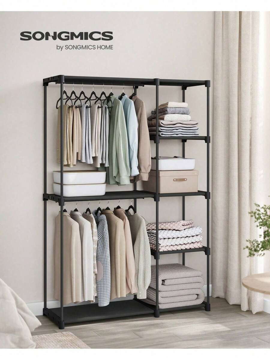 Freestanding Wardrobe, Foldable Closet, Coat Rack With Clothes Rails, Clothes Rack, Open Storage Wardrobe, Storage Organiser, Cloakroom, Bedroom, 43 X 124 X 182 Cm, Black - Black - View 1