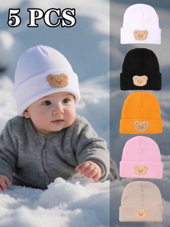 5 件婴儿针织帽，适合凉爽天气冬季和秋季婴儿无檐小帽，适合户外运动和居家保暖